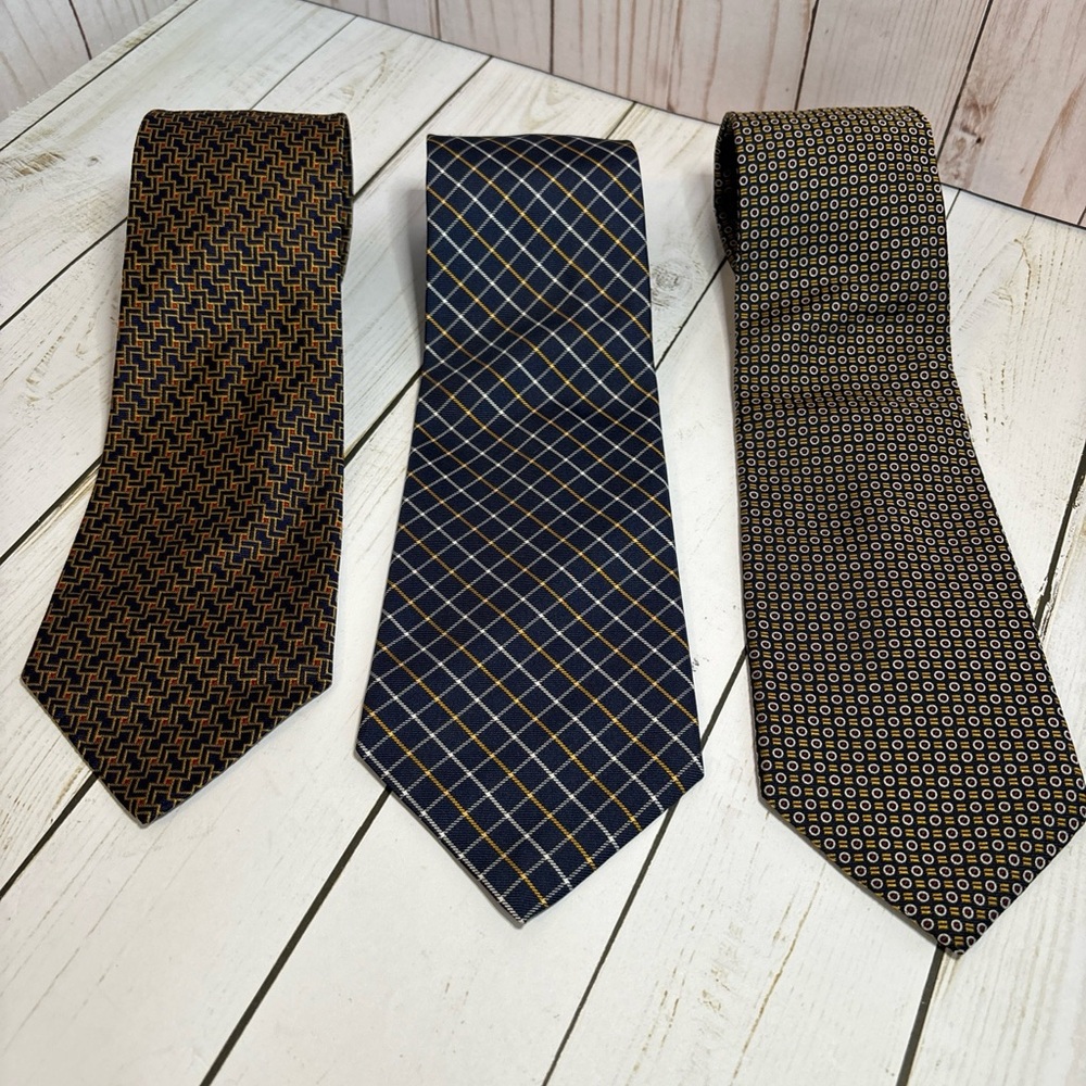 Ralph Lauren Mens 100% Silk Dress Tie Made in USA Blue W/ Gold Stripe (Set Of 3)